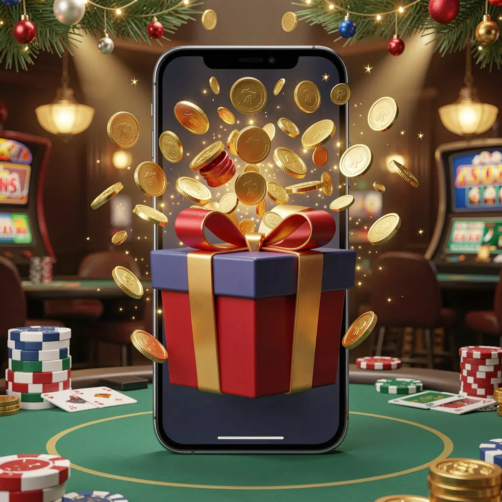 3U 3U mobile casino bonus app concept showing a phone screen with a gift box and coins bursting out in a festive casino atmosphere