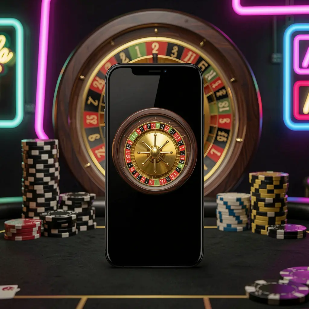 Mobile casino application scene featuring a phone in the center with a roulette wheel and poker chips in the background, glowing neon lights in a premium black and gold style, showcasing 3U 3U brand