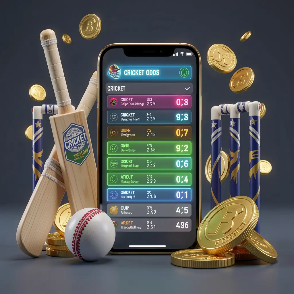 3U 3U modern cricket betting scene with a smartphone displaying glowing cricket odds interface surrounded by a cricket bat, ball, wickets, and golden coins in a premium 3D illustration