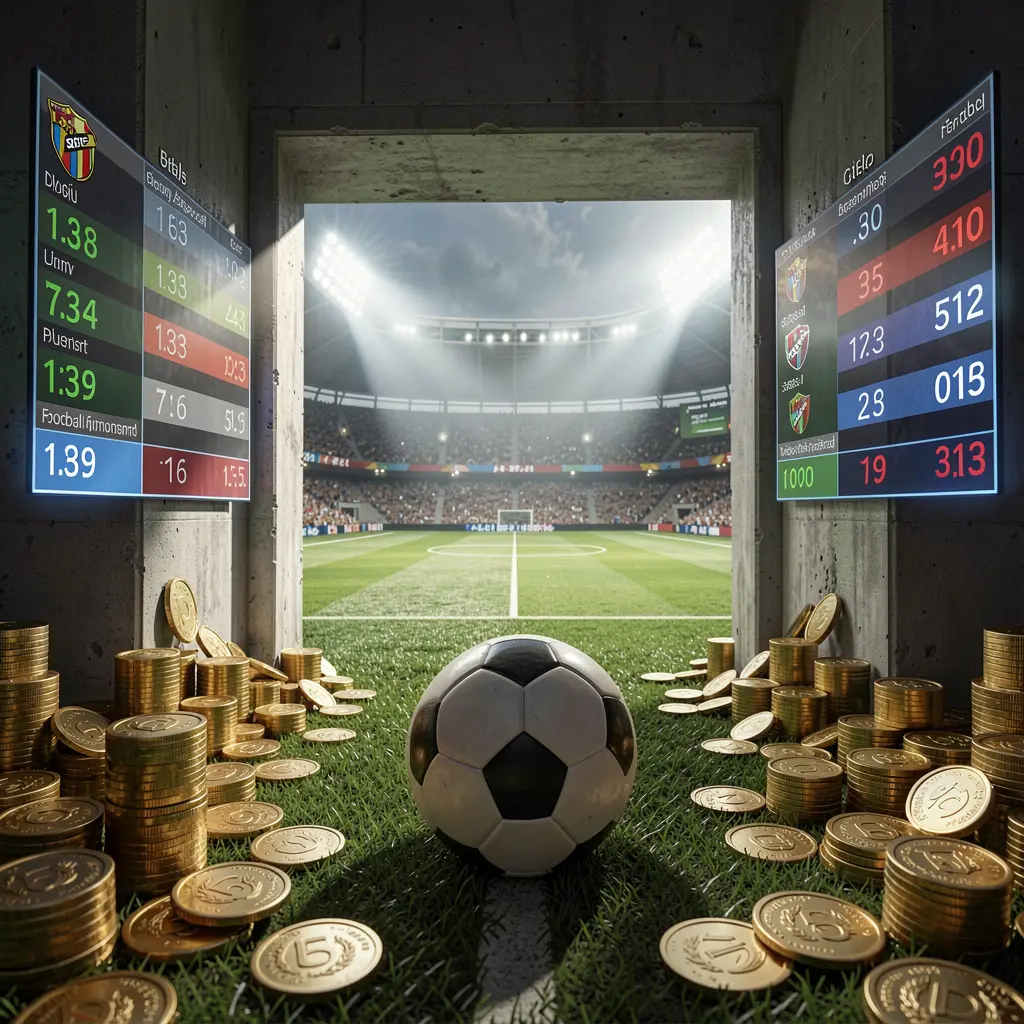 3U 3U football betting platform scene showing a dramatic stadium tunnel opening to a bright soccer field with a soccer ball in the foreground, digital odds graphics, and gold coins in a realistic cinematic render