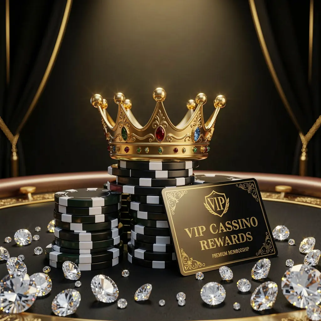 Elegant golden crown placed on top of poker chips with sparkling diamonds and a premium membership card against a luxury black and gold background, showcasing the exclusive high-end casino atmosphere of 3U 3U VIP rewards