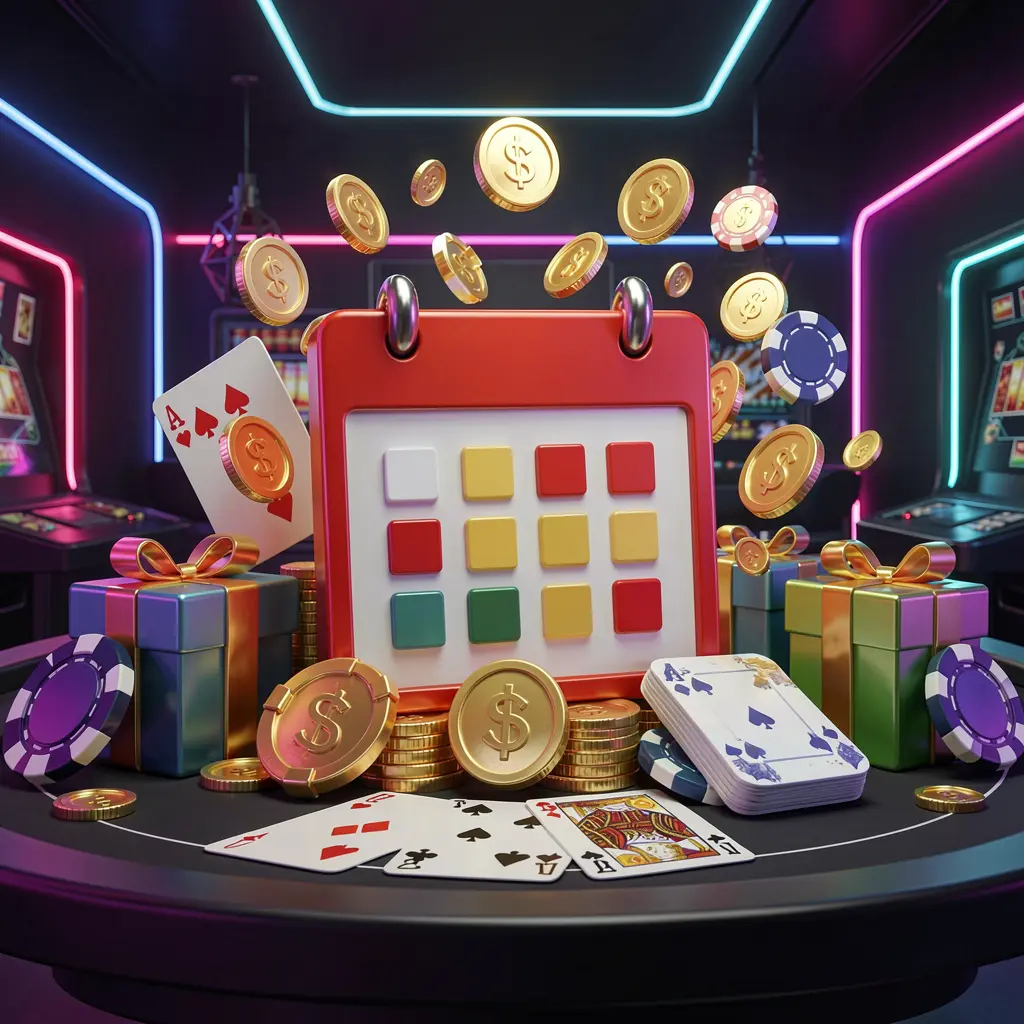 3U 3U weekly online casino bonus concept featuring a calendar icon surrounded by golden coins, gift boxes, poker chips, and playing cards in a festive casino atmosphere with a dark modern background and neon lights