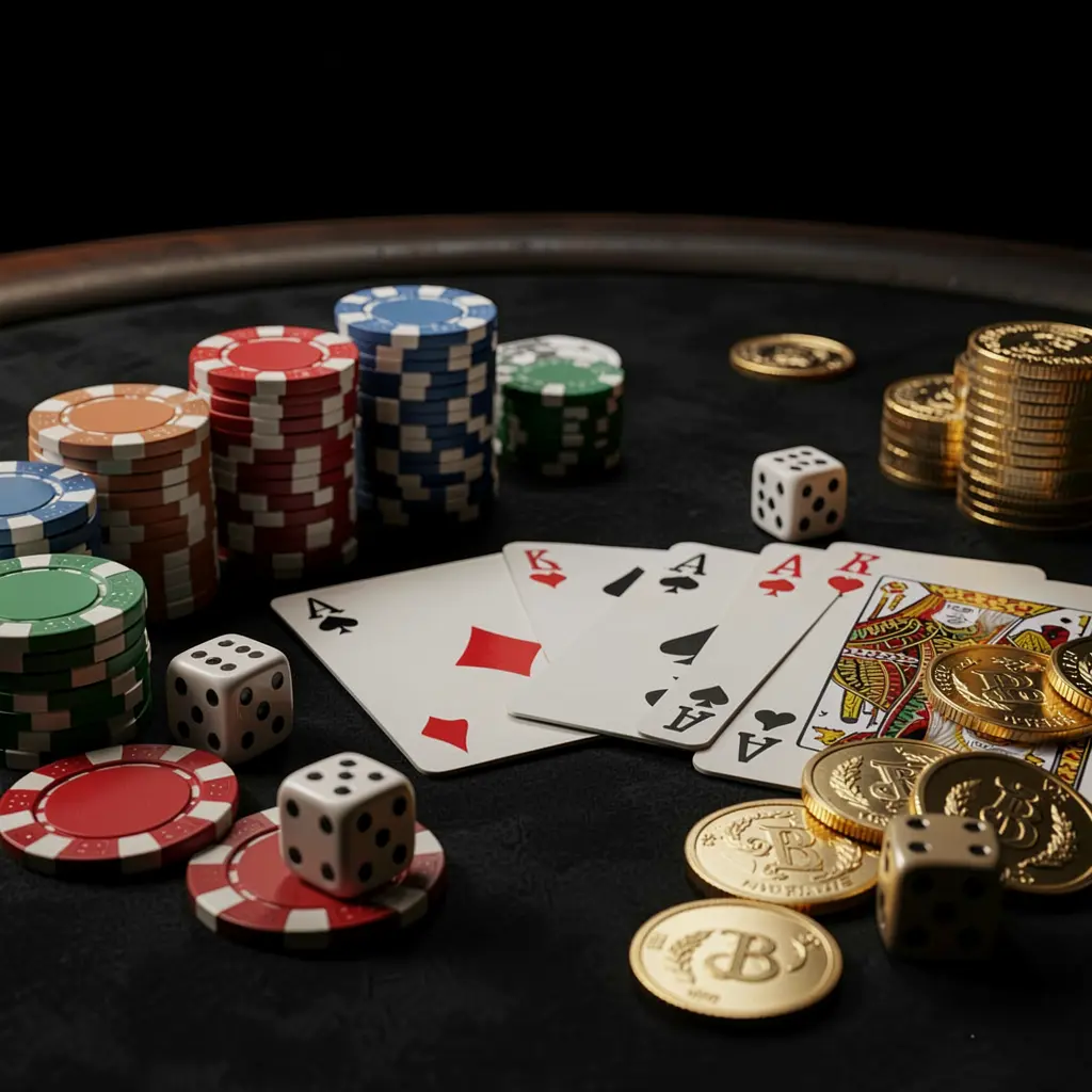Elegant 3U 3U casino table close-up featuring poker chips, playing cards, dice, and gold coins with soft cinematic lighting on a luxury black background