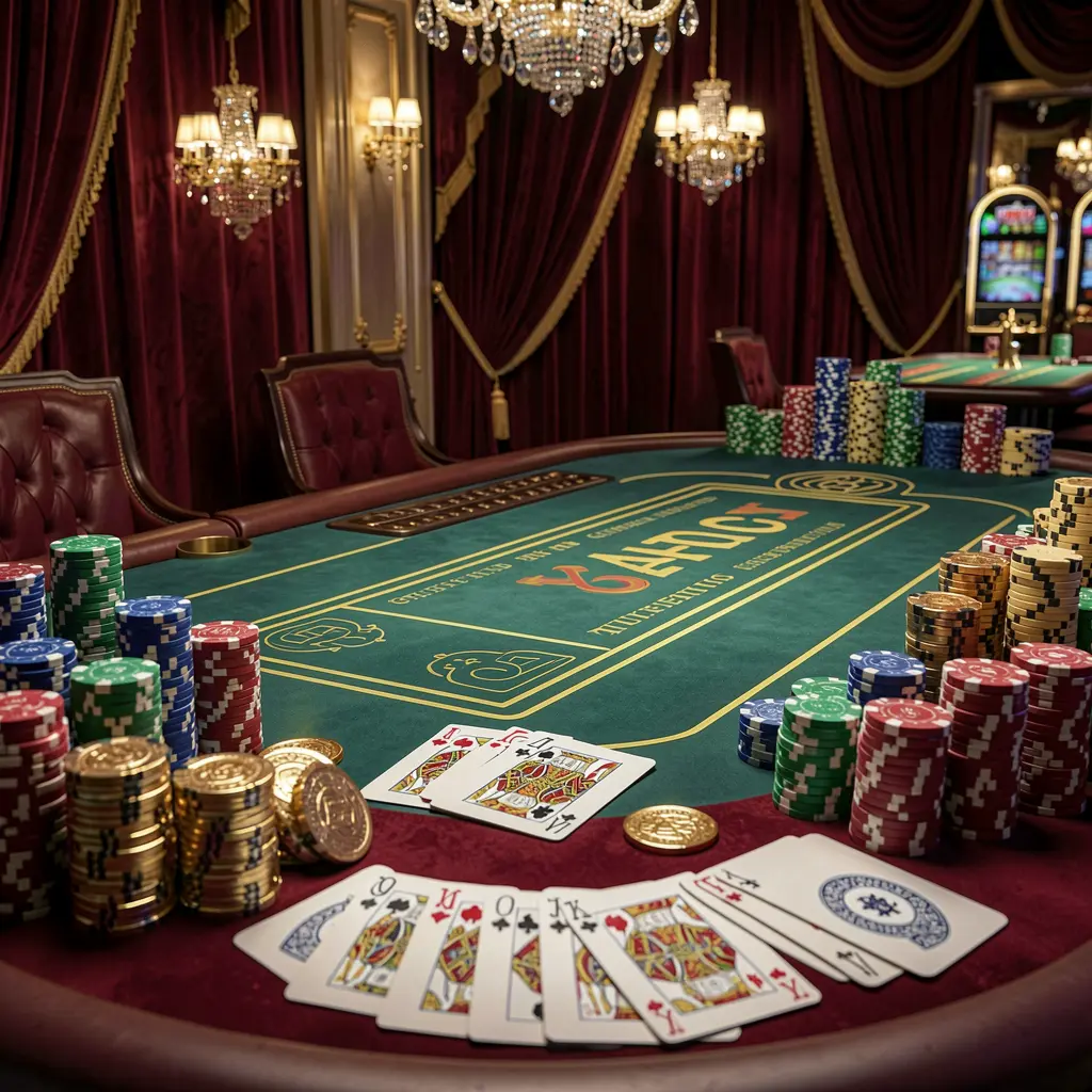Luxury casino atmosphere featuring a blackjack table with poker cards, stacks of chips, and sparkling coins against a dark red and gold background, showcasing 3U 3U's elegant gaming environment