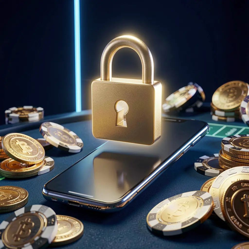 3U 3U casino login security image featuring a glowing padlock floating above a smartphone with golden coins and chips scattered around on a dark blue neon background in a premium realistic 3D render