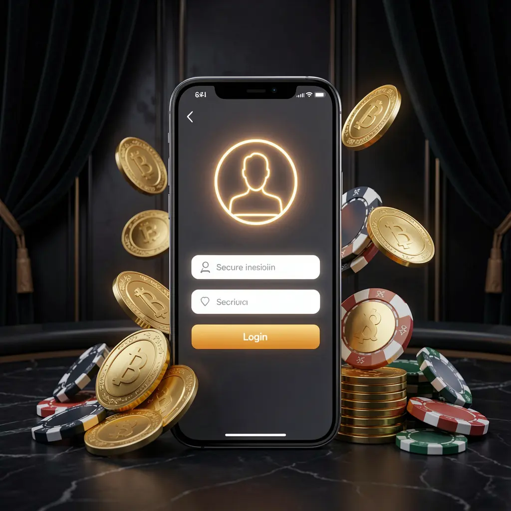 3U 3U online casino login page hero banner featuring a modern smartphone with a secure login screen, glowing user profile icon, golden coins and poker chips surrounding it against a dark luxury background in a premium 3D render