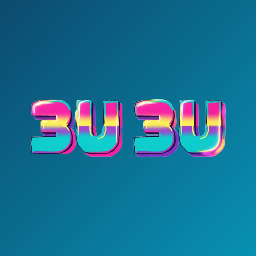 Bold arcade-style 3U 3U logo with chunky retro typography in bright pink, turquoise, yellow, and purple colors, creating a vibrant gaming atmosphere on a transparent background