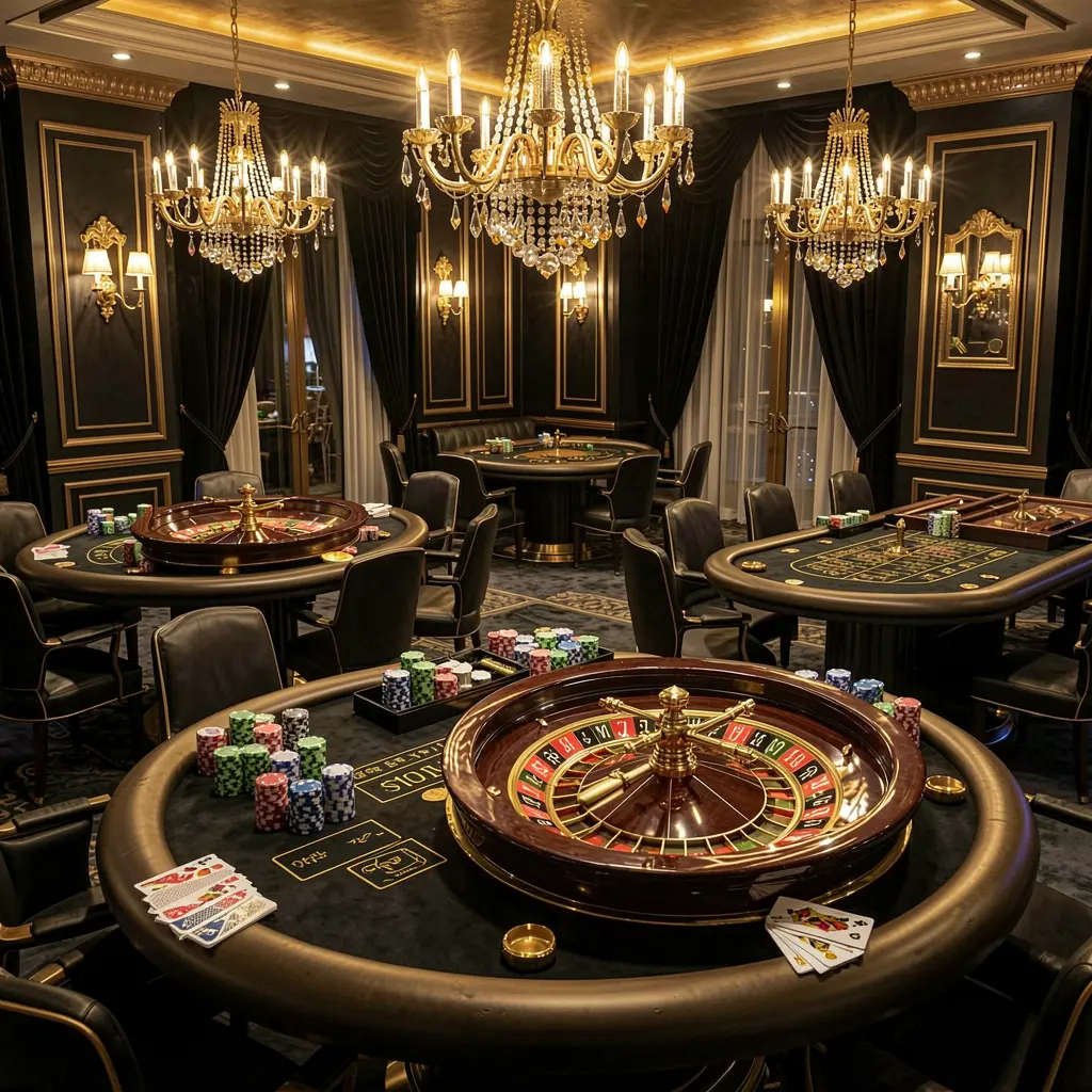 3U 3U luxury online casino lobby with glowing roulette tables, golden lights, poker chips, and cards in a premium black and gold design